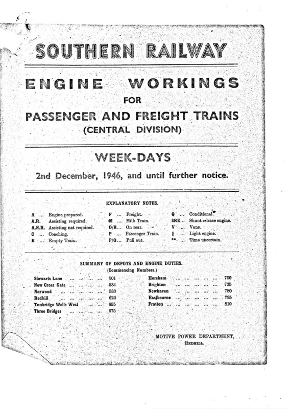 Southern Engine Workings, Central Division, Weekdays starting 02 December 1946. 91 pages. Notes: Incomplete. [EW02194612020]