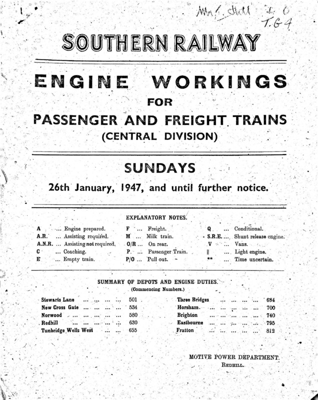 Southern Engine Workings, Central Division, Sundays starting 26 January 1947. 20 pages. [EW02194701260]