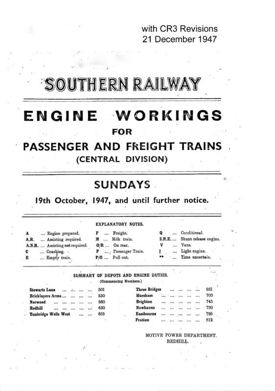 Southern Engine Workings, Central Division, Sundays starting 19 October 1947. 25 pages. Notes: With CR3 Revisions. [EW02194710190]