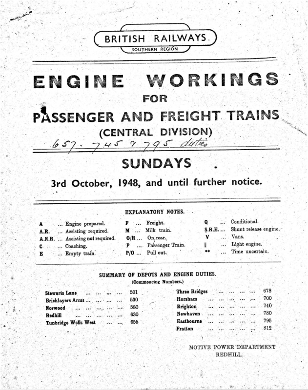 Southern Engine Workings, Central Division, Sundays starting 03 October 1948. 21 pages. [EW02194810030]