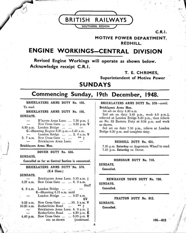 Southern Engine Workings, Central Division, Sundays starting 19 December 1948. 1 pages. Notes: CR1 Revisions. [EW02194812190]