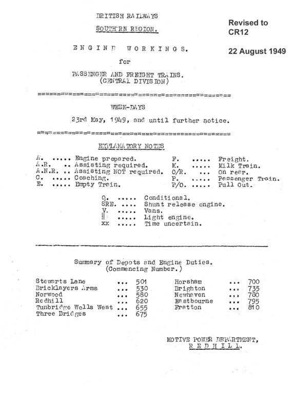 Southern Engine Workings, Central Division, Weekdays starting 23 May 1949. 157 pages. Notes: Revised to CR12. [EW02194905230]