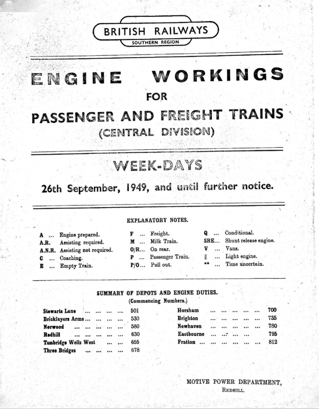 Southern Engine Workings, Central Division, Weekdays starting 26 September 1949. 138 pages. Notes: Manuscript revisions. [EW02194909261]