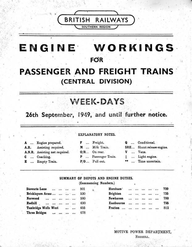 Southern Engine Workings, Central Division, Weekdays starting 26 September 1949. 62 pages. Notes: Revised to CR2 Incomplete. [EW02194909263]