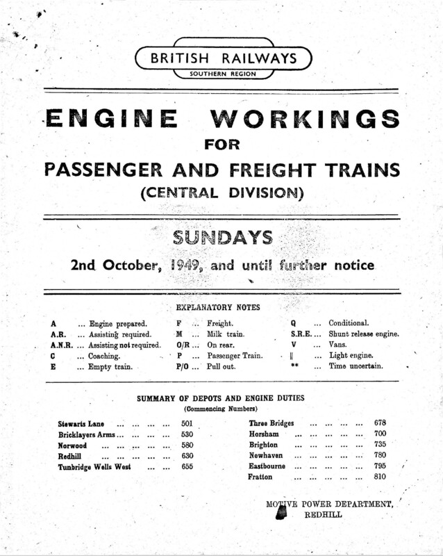 Southern Engine Workings, Central Division, Sundays starting 02 October 1949. 19 pages. [EW02194910020]