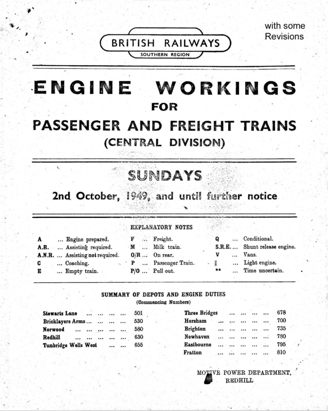 Southern Engine Workings, Central Division, Sundays starting 02 October 1949. 21 pages. Notes: With Revisions. [EW02194910021]