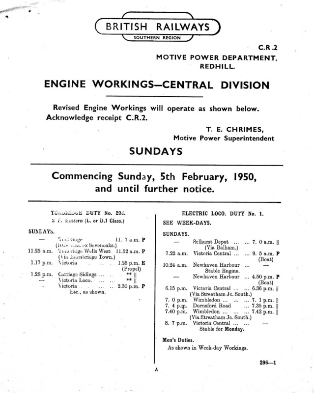 Southern Engine Workings, Central Division, Sundays starting 05 February 1950. 4 pages. Notes: CR2 Revisions. [EW02195002050]