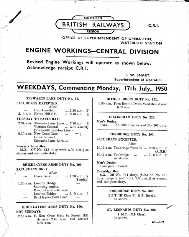 Southern Engine Workings, Central Division, Weekdays starting 17 July 1950. 39 pages. Notes: CR1 Revisions. [EW02195007170]