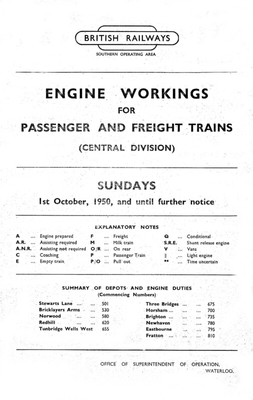Southern Engine Workings, Central Division, Sundays starting 01 October 1950. 22 pages. Notes: Revised. [EW02195010010]