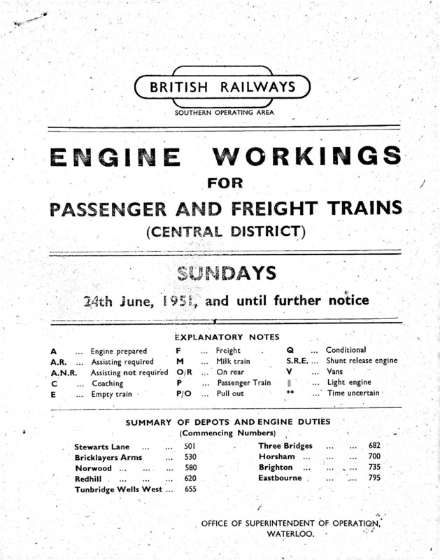 Southern Engine Workings, Central Division, Sundays starting 24 June 1951. 29 pages. [EW02195106240]