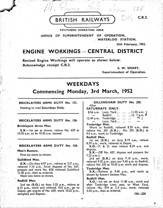 Southern Engine Workings, Central Division, Weekdays starting 03 March 1952. 37 pages. Notes: CR3 Revisions. [EW02195203030]