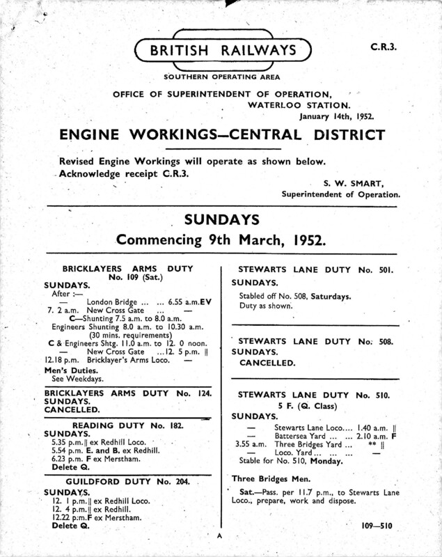 Southern Engine Workings, Central Division, Sundays starting 09 March 1952. 6 pages. Notes: CR3 Revisions. [EW02195203090]