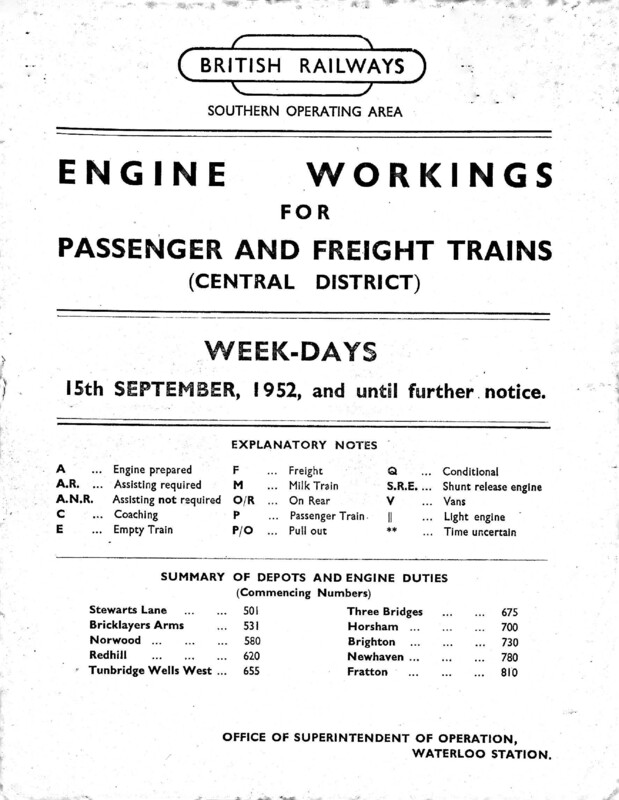 Southern Engine Workings, Central Division, Weekdays starting 15 September 1952. 151 pages. Notes: Revised to CR2. [EW02195209150]