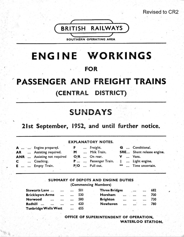 Southern Engine Workings, Central Division, Sundays starting 21 September 1952. 27 pages. Notes: Revised to CR2. [EW02195209210]