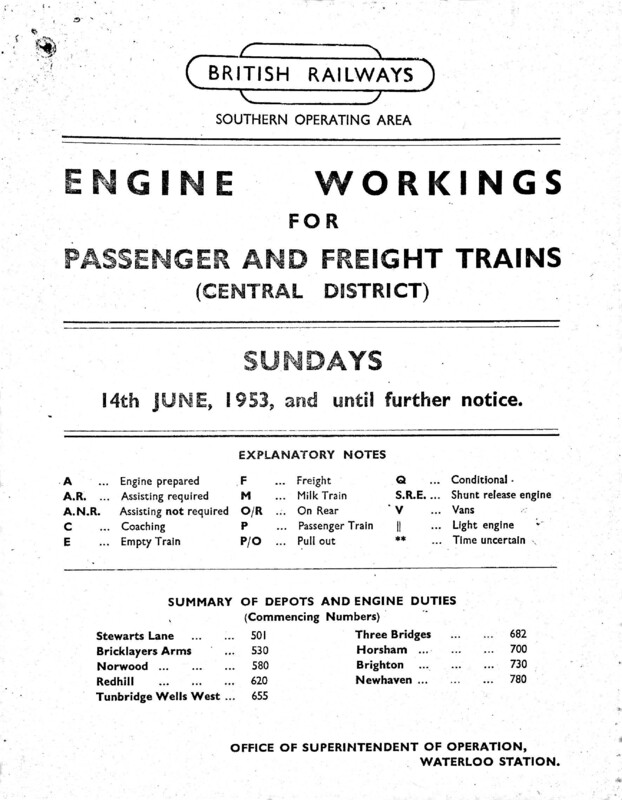 Southern Engine Workings, Central Division, Sundays starting 14 June 1953. 36 pages. [EW02195306140]