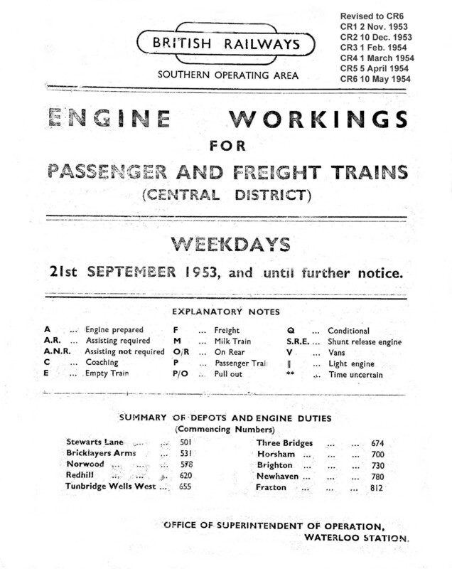 Southern Engine Workings, Central Division, Weekdays starting 21 September 1953. 161 pages. Notes: Revised to CR6. [EW02195309211]