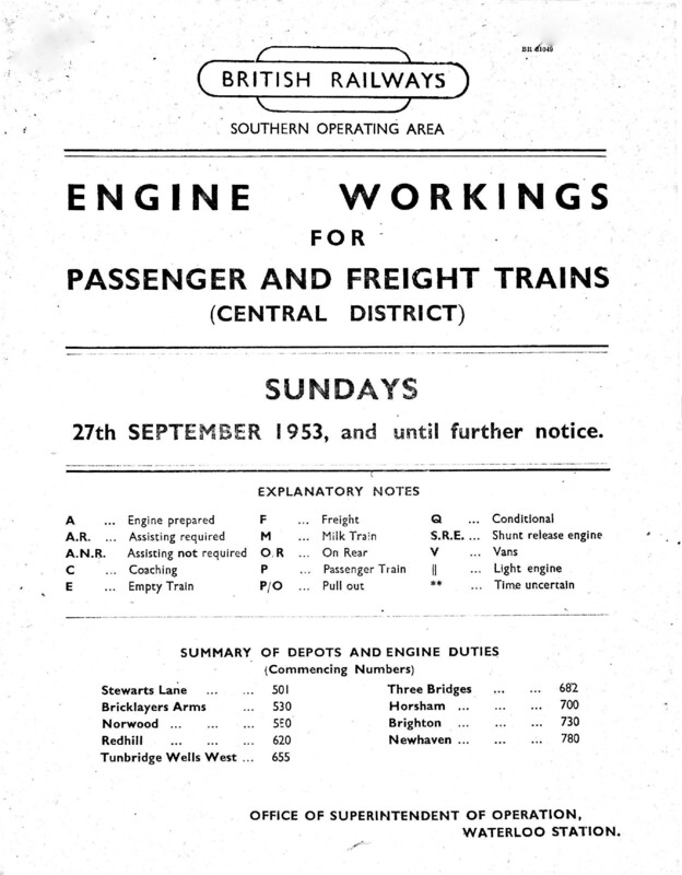 Southern Engine Workings, Central Division, Sundays starting 27 September 1953. 27 pages. [EW02195309270]
