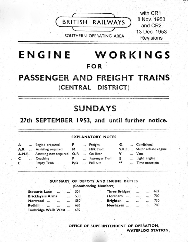 Southern Engine Workings, Central Division, Sundays starting 27 September 1953. 43 pages. Notes: With CR1 & CR2 Revisions. [EW02195309271]