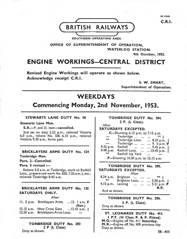 Southern Engine Workings, Central Division, Weekdays starting 02 November 1953. 47 pages. Notes: CR1 Revisions,pdf. [EW02195311020]