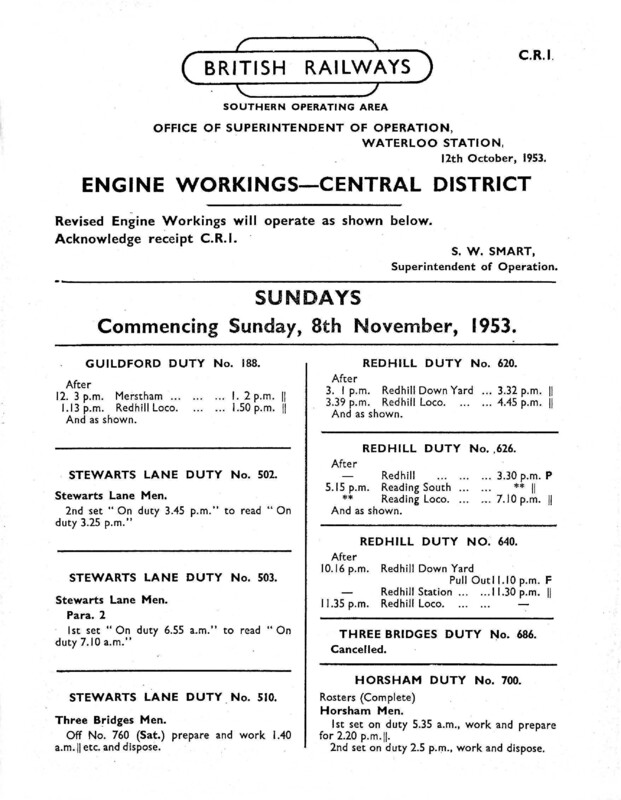Southern Engine Workings, Central Division, Sundays starting 08 November 1953. 2 pages. Notes: CR1 Revisions. [EW02195311081]