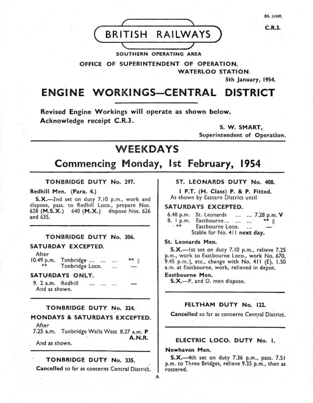 Southern Engine Workings, Central Division, Weekdays starting 01 February 1954. 26 pages. Notes: CR3 Revisions. [EW02195402010]