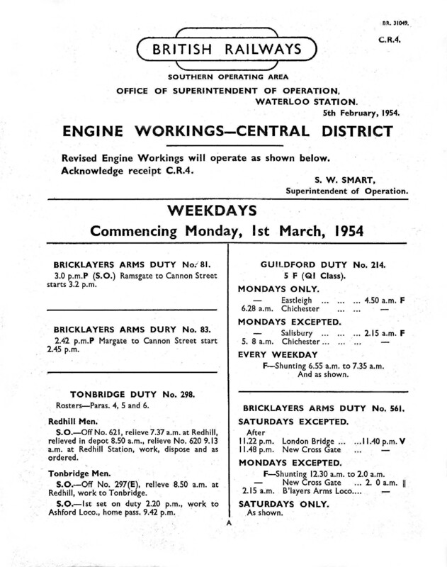 Southern Engine Workings, Central Division, Weekdays starting 01 March 1954. 28 pages. Notes: CR4 Revisions. [EW02195403010]