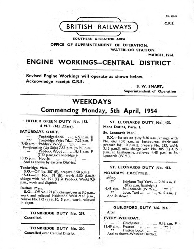 Southern Engine Workings, Central Division, Weekdays starting 05 April 1954. 45 pages. Notes: CR5 Revisions. [EW02195404050]