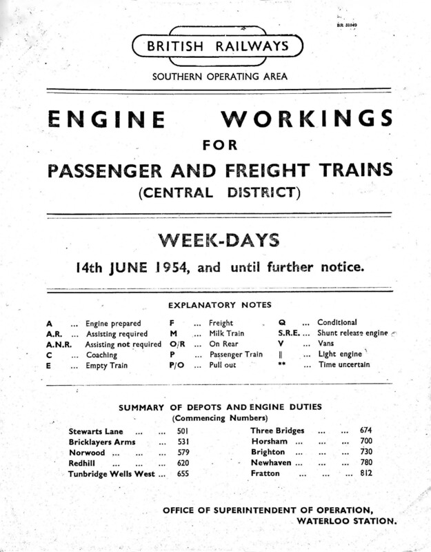 Southern Engine Workings, Central Division, Weekdays 1 starting 14 June 1954. 177 pages. [EW02195406140]