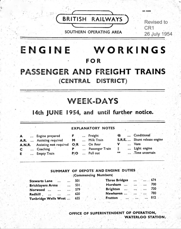 Southern Engine Workings, Central Division, Weekdays starting 14 June 1954. 180 pages. Notes: Revised to CR1 1st version. [EW02195406142]