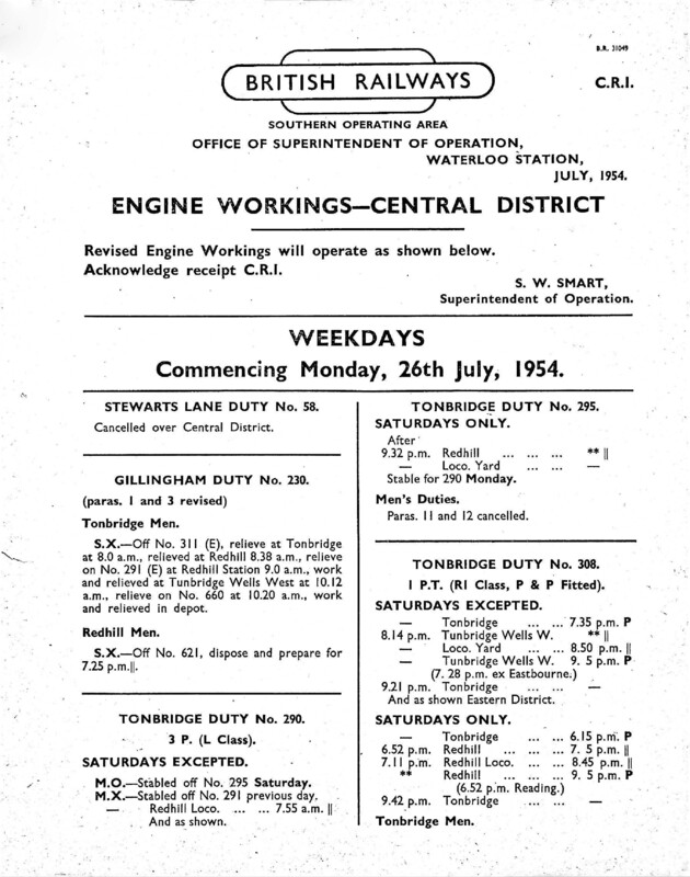 Southern Engine Workings, Central Division, Weekdays starting 26 July 1954. 43 pages. Notes: CR1 Revisions. [EW02195407260]