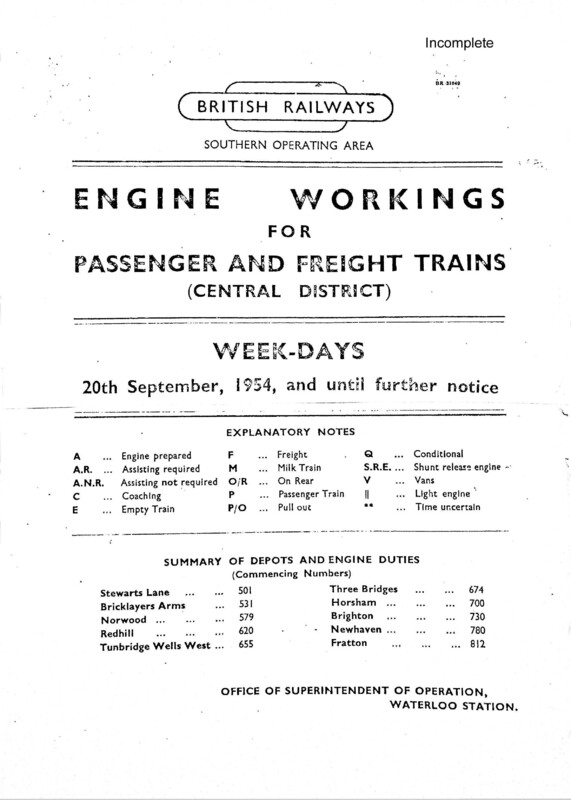 Southern Engine Workings, Central Division, Weekdays starting 20 September 1954. 92 pages. Notes: Incomplete. [EW02195409200]