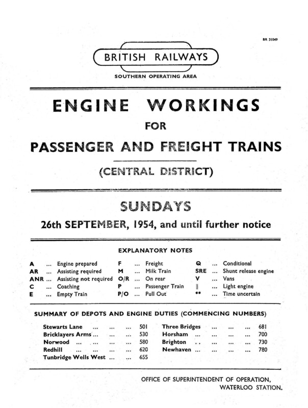Southern Engine Workings, Central Division, Sundays starting 26 September 1954. 21 pages. [EW02195409260]