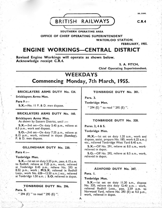 Southern Engine Workings, Central Division, Weekdays starting 07 March 1955. 73 pages. Notes: CR4 Revisions. [EW02195503070]