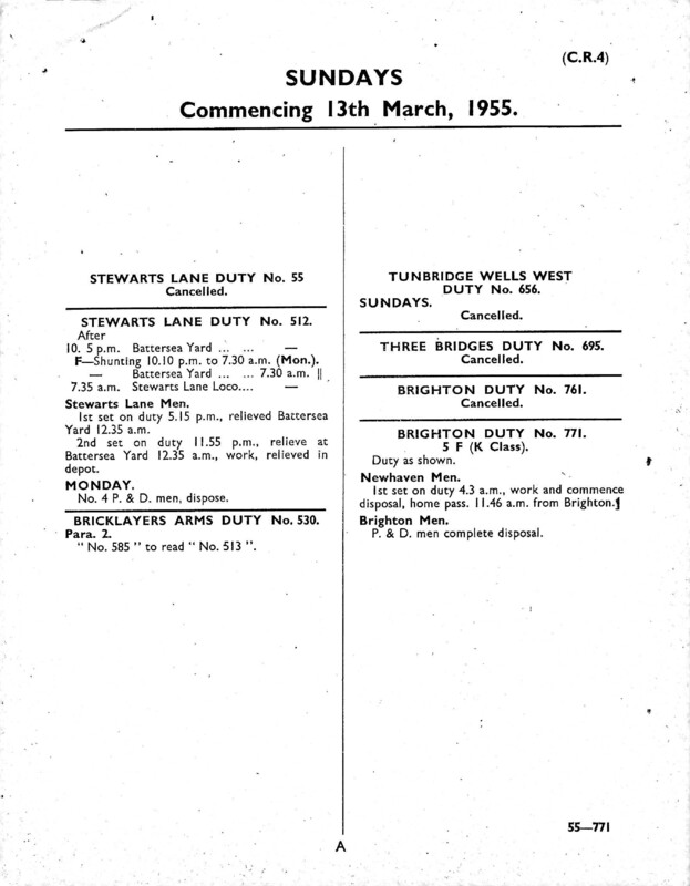 Southern Engine Workings, Central Division, Sundays starting 07 March 1955. 8 pages. Notes: CR4 Revisions. [EW02195503071]