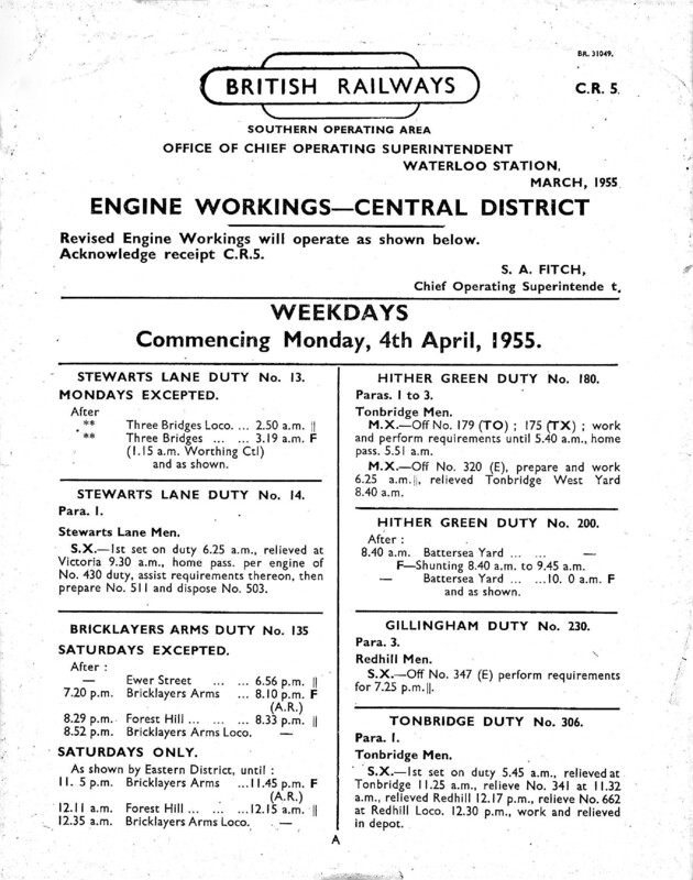 Southern Engine Workings, Central Division, Weekdays starting 04 April 1955. 44 pages. Notes: CR5 Revisions. [EW02195504040]