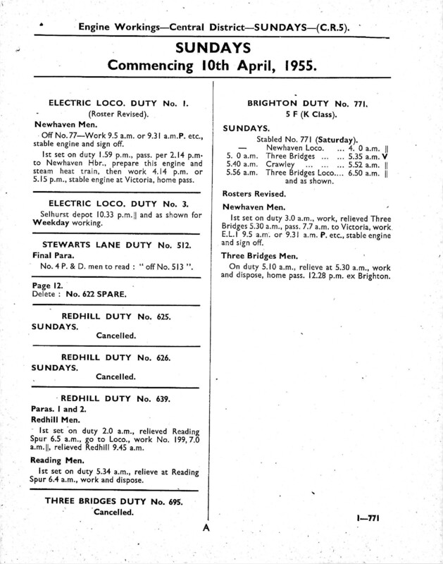 Southern Engine Workings, Central Division, Sundays starting 10 April 1955. 3 pages. Notes: CR5 Revisions. [EW02195504100]