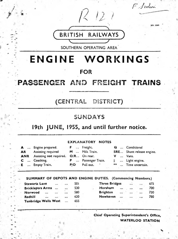 Southern Engine Workings, Central Division, Sundays starting 19 June 1955. 37 pages. [EW02195506190]