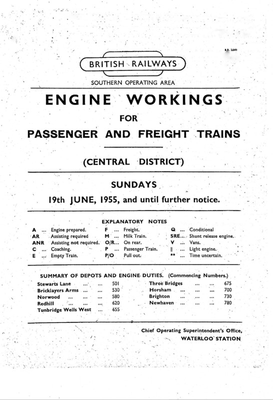 Southern Engine Workings, Central Division, Sundays starting 19 June 1955. 37 pages. Notes: 2nd copy. [EW02195506191]