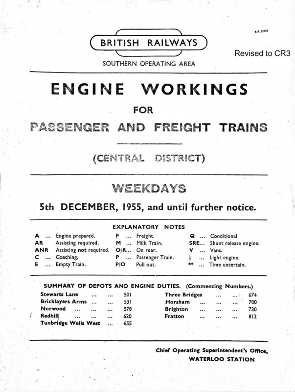 Southern Engine Workings, Central Division, Weekdays starting 05 December 1955. 169 pages. Notes: Revised to CR3. [EW02195512050]