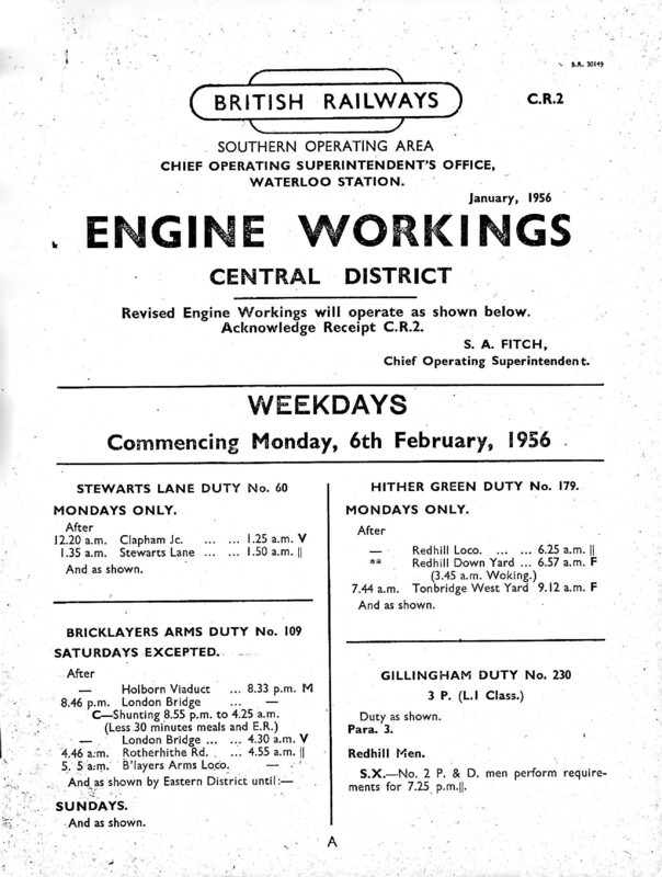 Southern Engine Workings, Central Division, Weekdays starting 06 February 1956. 50 pages. Notes: CR2 Revisions. [EW02195602060]