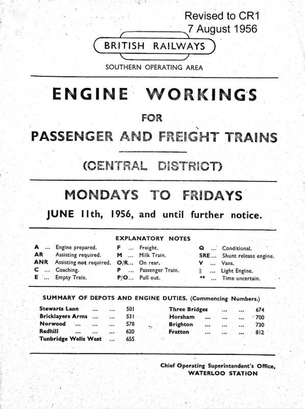 Southern Engine Workings, Central Division, Mondays to Fridays starting 11 June 1956. 127 pages. Notes: Revised to CR1. [EW02195606112]
