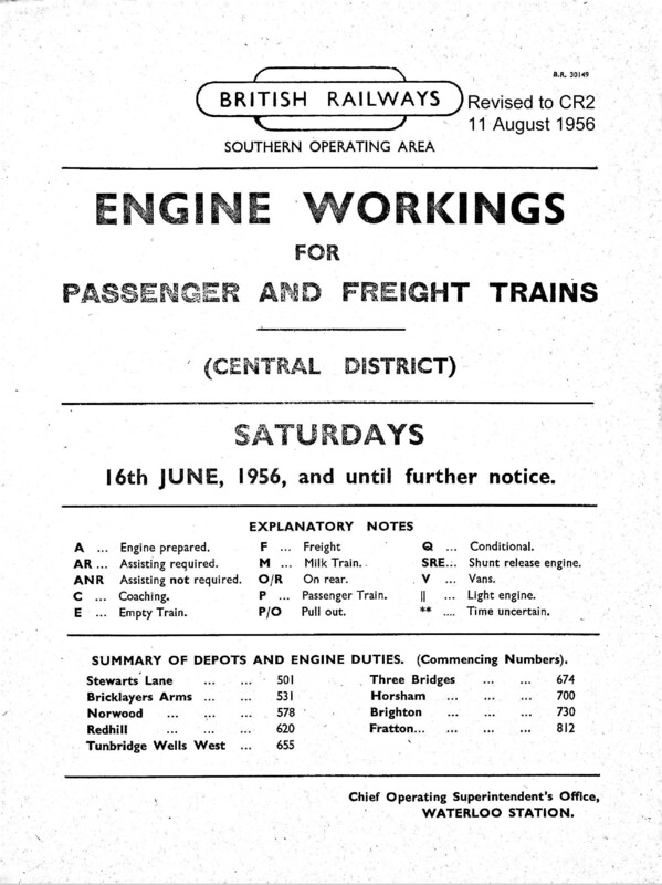 Southern Engine Workings, Central Division, Saturdays starting 16 June 1956. 95 pages. Notes: Revised to CR2. [EW02195606160]