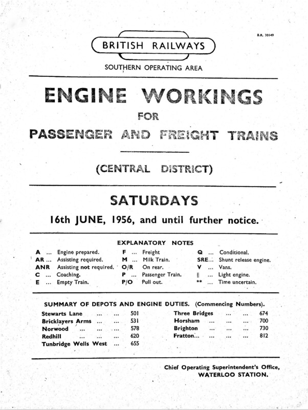 Southern Engine Workings, Central Division, Saturdays starting 16 June 1956. 95 pages. [EW02195606161]
