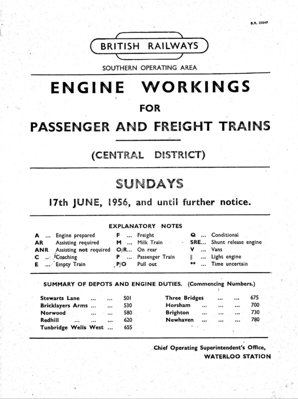 Southern Engine Workings, Central Division, Sundays starting 17 June 1956. 46 pages. [EW02195606170]