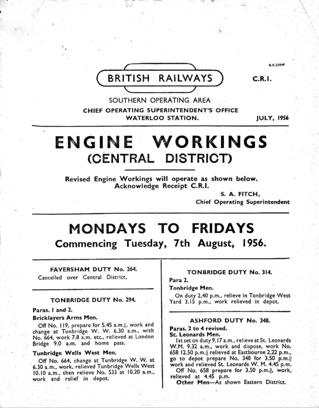 Southern Engine Workings, Central Division, Mondays to Fridays starting 07 August 1956. 54 pages. Notes: CR1 Revisions. [EW02195608070]
