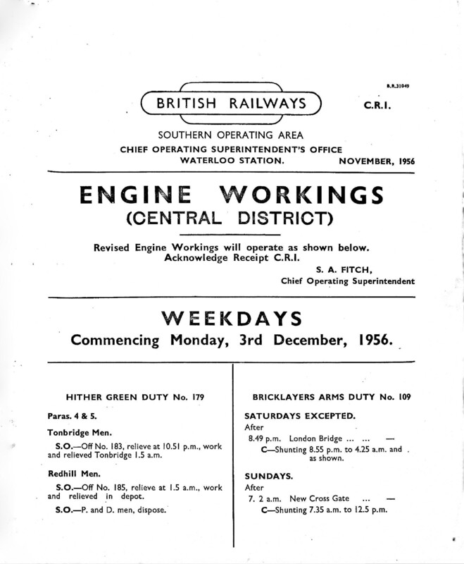 Southern Engine Workings, Central Division, Weekdays starting 03 December 1956. 104 pages. Notes: CR1 Revisions. [EW02195612030]