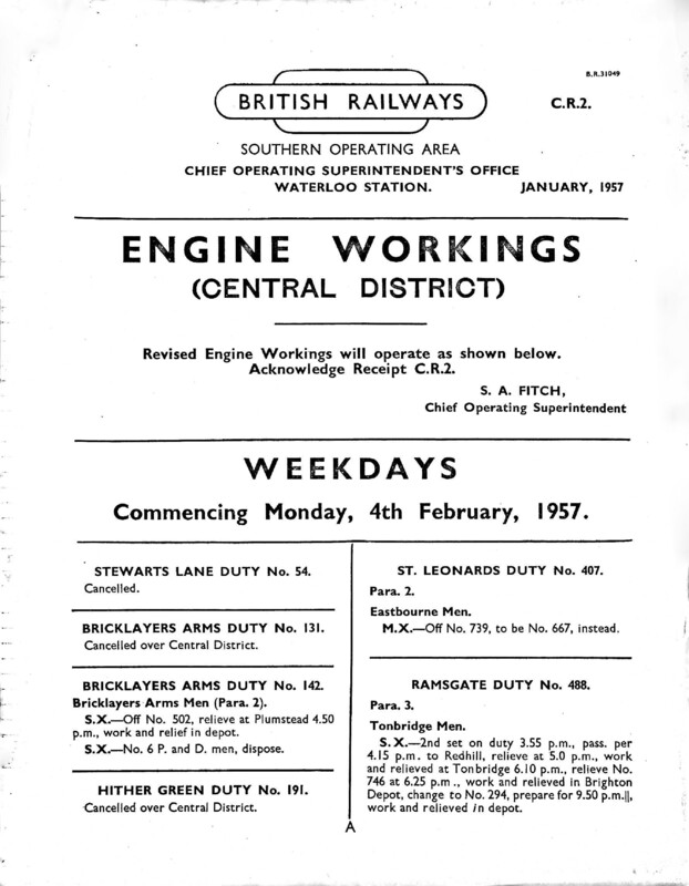 Southern Engine Workings, Central Division, Weekdays starting 04 February 1957. 112 pages. Notes: CR2 Revisions. [EW02195702040]