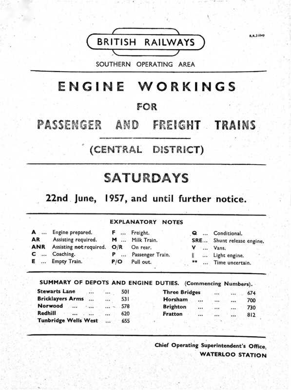 Southern Engine Workings, Central Division, Saturdays starting 22 June 1957. 104 pages. [EW02195706220]