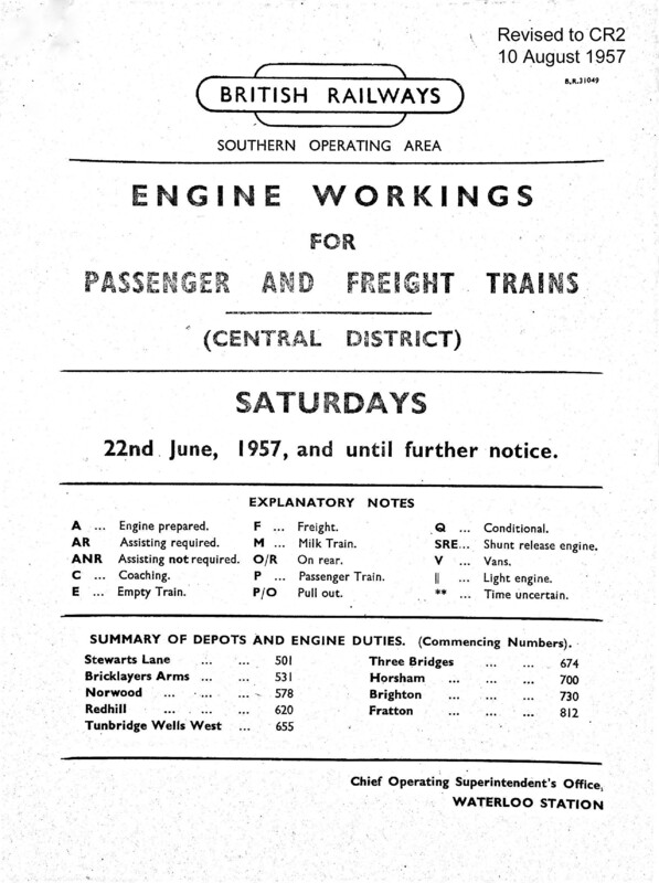 Southern Engine Workings, Central Division, Saturdays starting 22 June 1957. 106 pages. Notes: Revised to CR2. [EW02195706221]