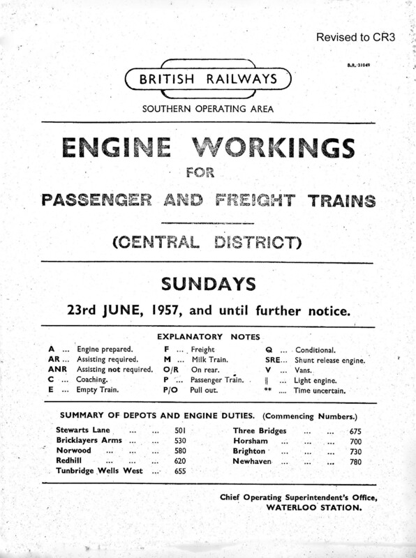Southern Engine Workings, Central Division, Sundays starting 23 June 1957. 49 pages. Notes: Revised to CR3. [EW02195706230]